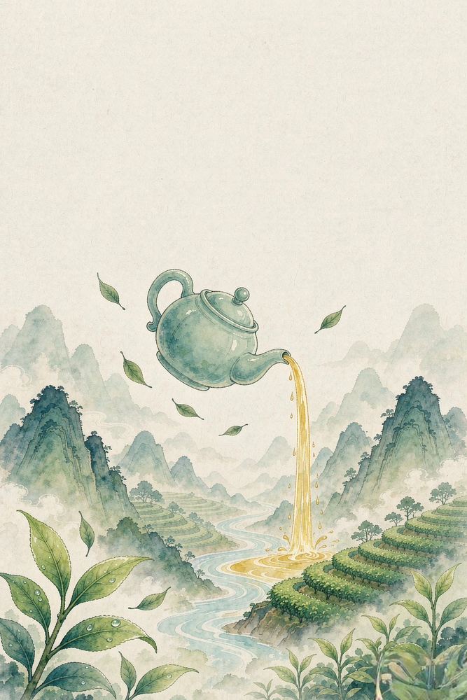 青瓷壶倾茶入山涧 · 水墨海报
