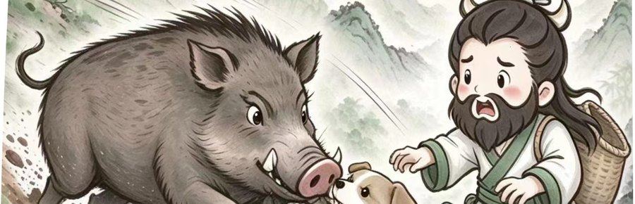 神犬舍身护主，死死缠住野猪；神农得以退后，却只能眼睁睁看着